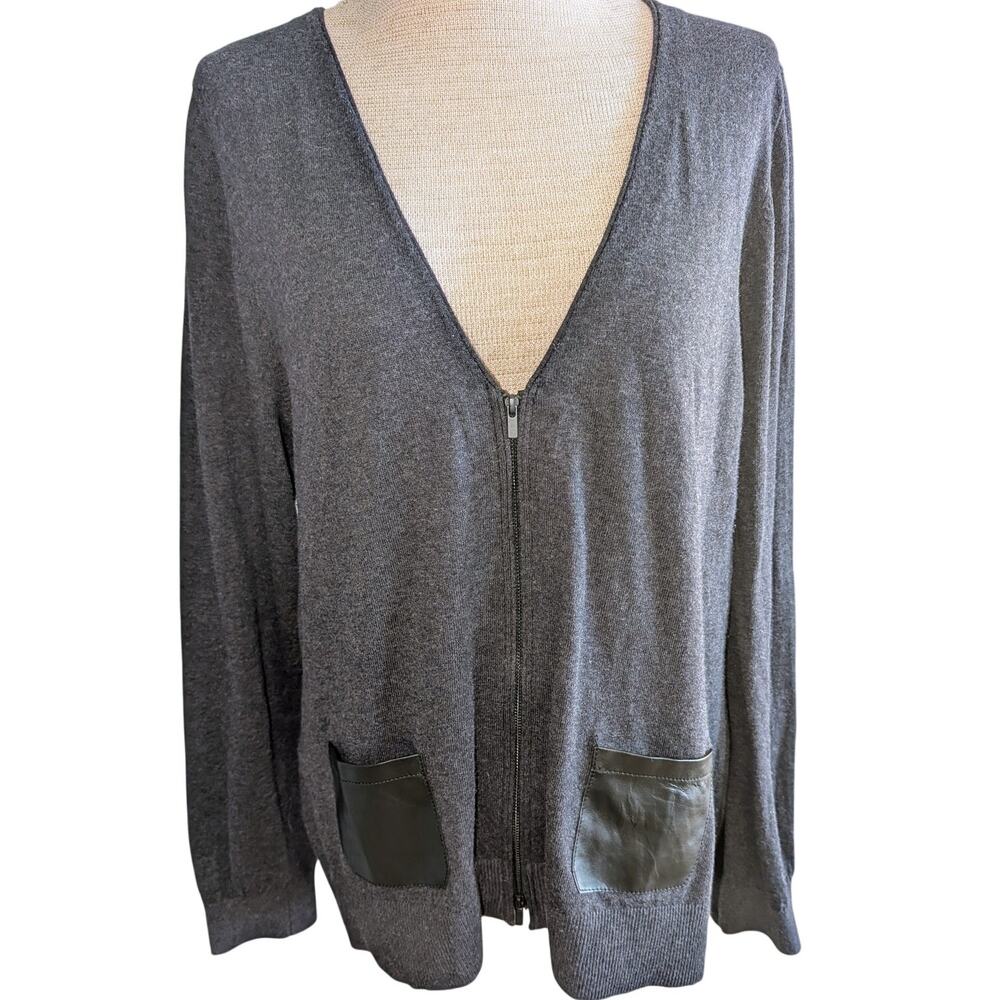 Lane Bryant Cardigan Sweater Gray Sz 14/16 Cotton Dual Zip Faux Leather Pocket